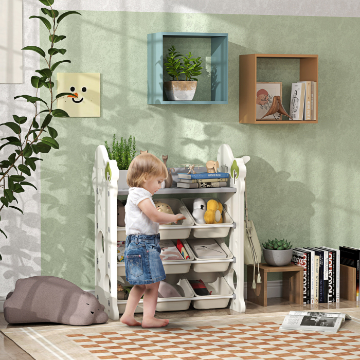  Etajera pentru Copii, Organizator de Depozitare Jucarii cu 4 Niveluri si 9 Cosuri, 77x42x94 cm, Crem Alb [2]