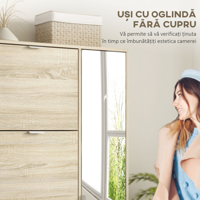  Etajera pentru Pantofi cu Oglinda, 4 Sertare Rabatabile si 2 Dulapuri, 82x30x168 cm, Culoare Stejar [4]