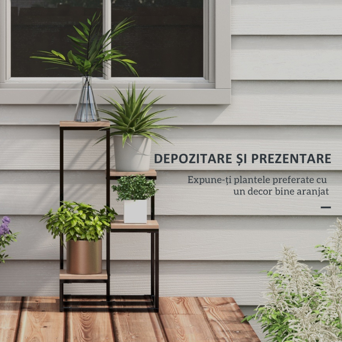  Etajera pentru Plante cu 4 Nivele din Otel si Lemn, 40x40x75.5 cm, Maro si Negru [4]