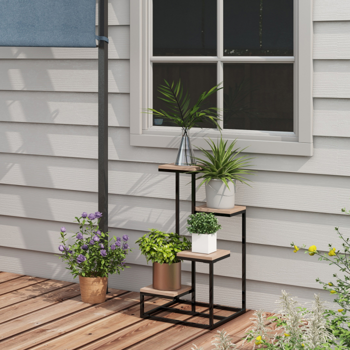  Etajera pentru Plante cu 4 Nivele din Otel si Lemn, 40x40x75.5 cm, Maro si Negru [2]