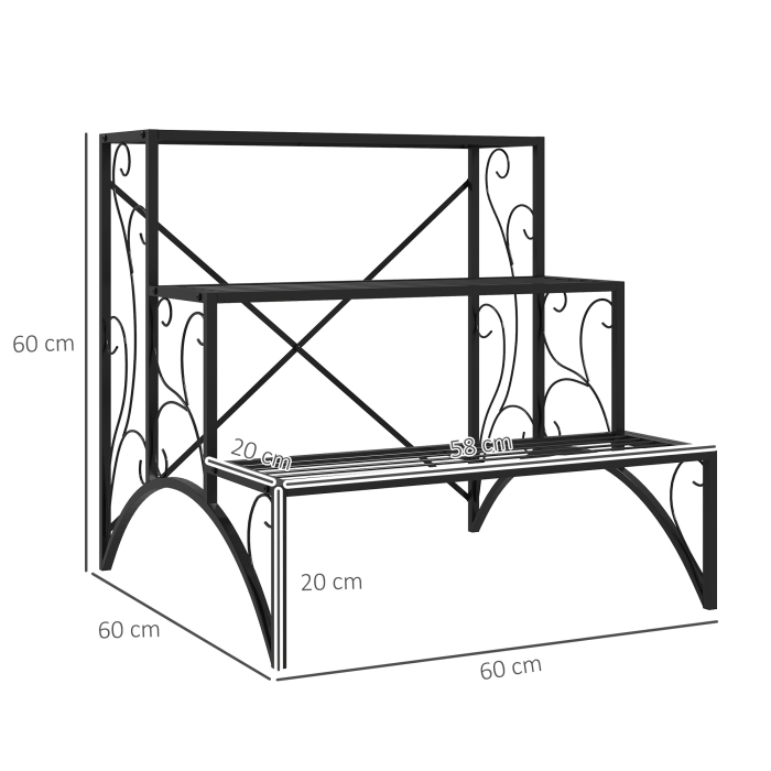  Etajera-suport pentru plante, cu 3 niveluri, in forma de scara, pentru interior si exterior, din metal, 60x60x60 cm, negru [3]