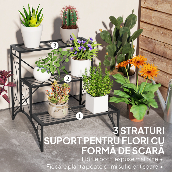  Etajera-suport pentru plante, cu 3 niveluri, in forma de scara, pentru interior si exterior, din metal, 60x60x60 cm, negru [4]