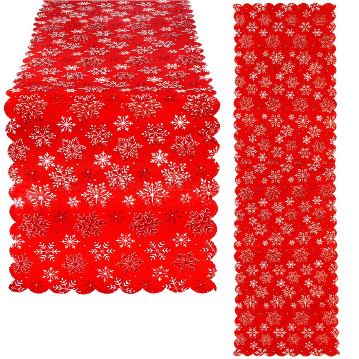 Fata de masa pentru decor, cu motive de Craciun, din stofa, 34x187 cm, rosu [4]