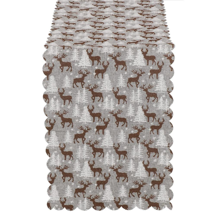 Fata de masa pentru decor, cu motive de Craciun, din stofa, 35x186 cm, gri [7]