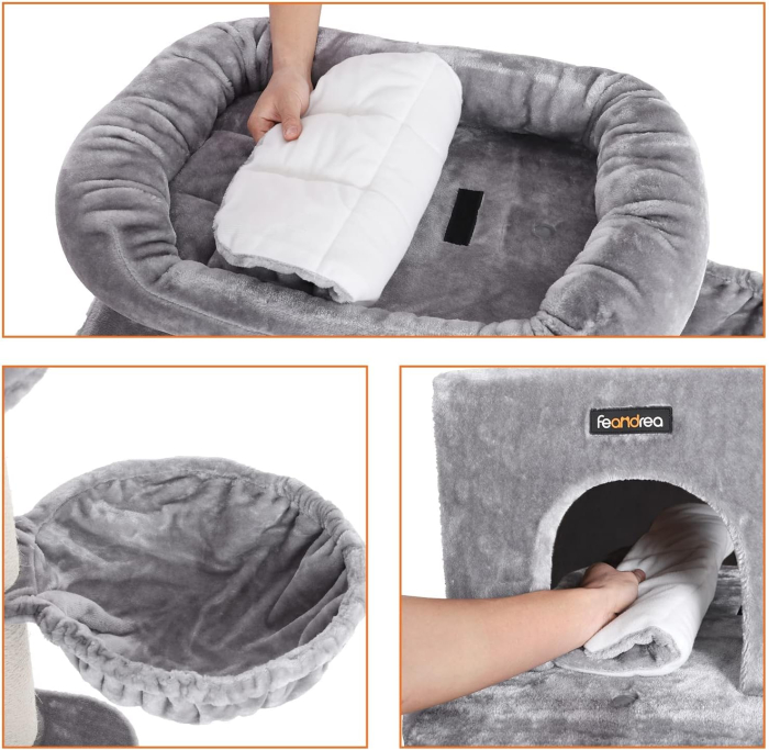 FEANDREA Ansamblu de joaca pentru pisici, tip copac, cu 2 culcusuri si ascunzatoare, 70x60x112cm, gri [7]