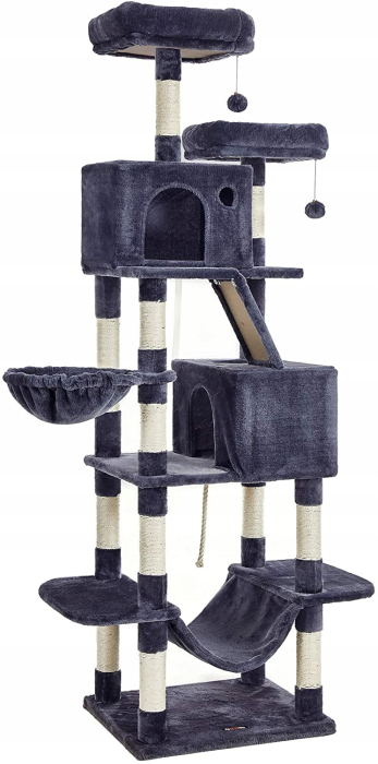 Ansamblu joaca pisici tip copac 3 culcusuri hamac 2 ascunzatoare, 60x50x206 cm, sisal, gri inchis [6]