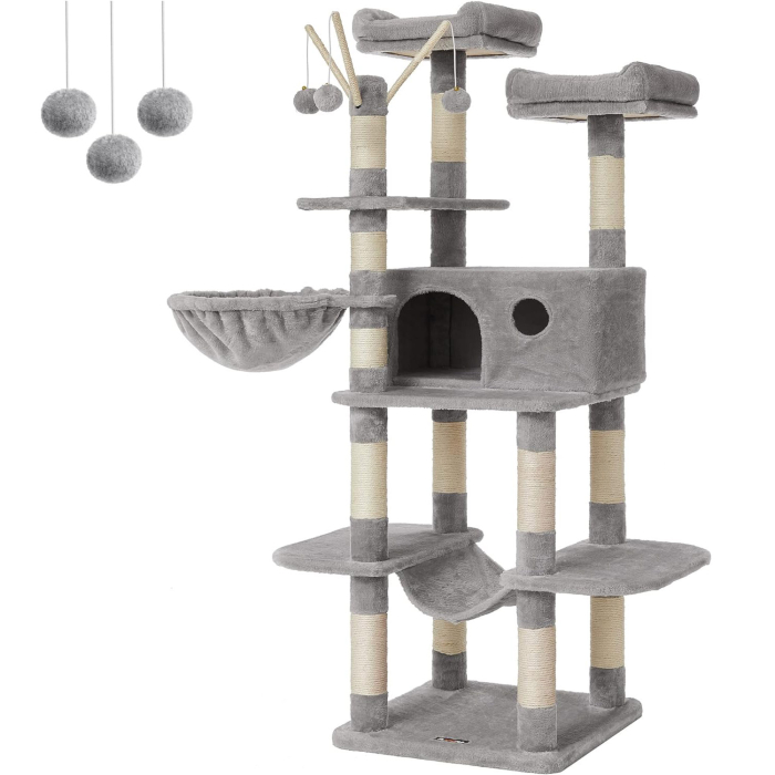 FEANDREA Ansamblu de joaca pentru pisici, tip copac, cu 3 culcusuri, hamac si ascunzatoare, 50x50x164cm, gri deschis [1]