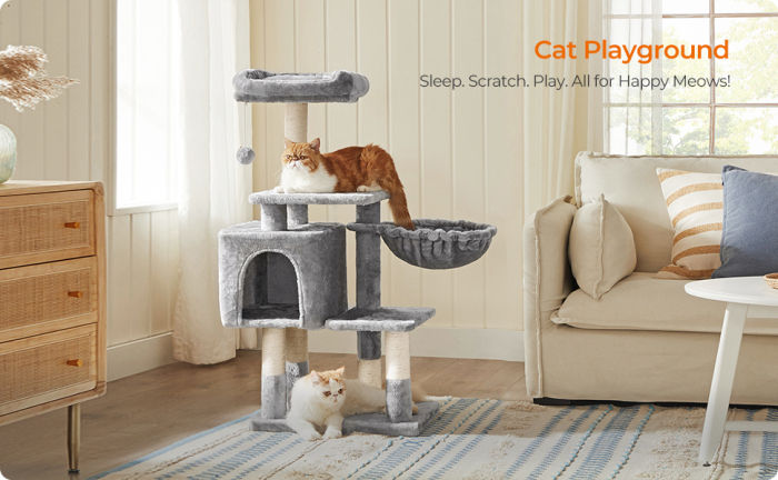 FEANDREA Ansamblu de joaca pentru pisici, tip copac, cu culcus si ascunzatoare, 50x40x110cm, gri deschis [2]