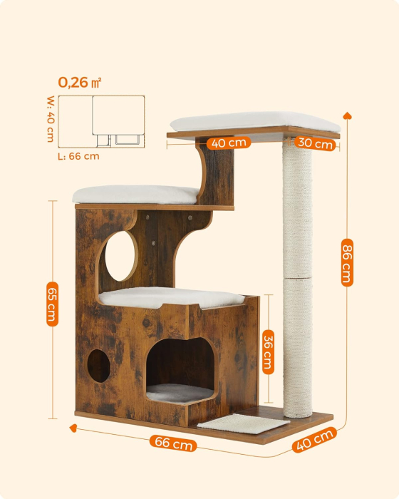 Ansamblu de joaca pentru pisici, tip mobilier, MDF, cu 3 culcusuri si ascunzatoare, 66x40x86cm, maro rustic [7]