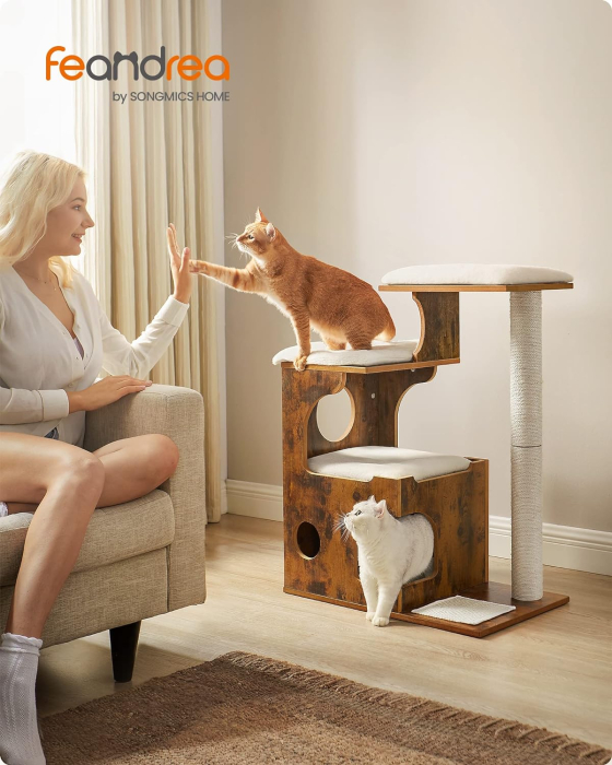 FEANDREA Ansamblu de joaca pentru pisici, tip mobilier, MDF, cu 3 culcusuri si ascunzatoare, 66x40x86cm, maro rustic [4]