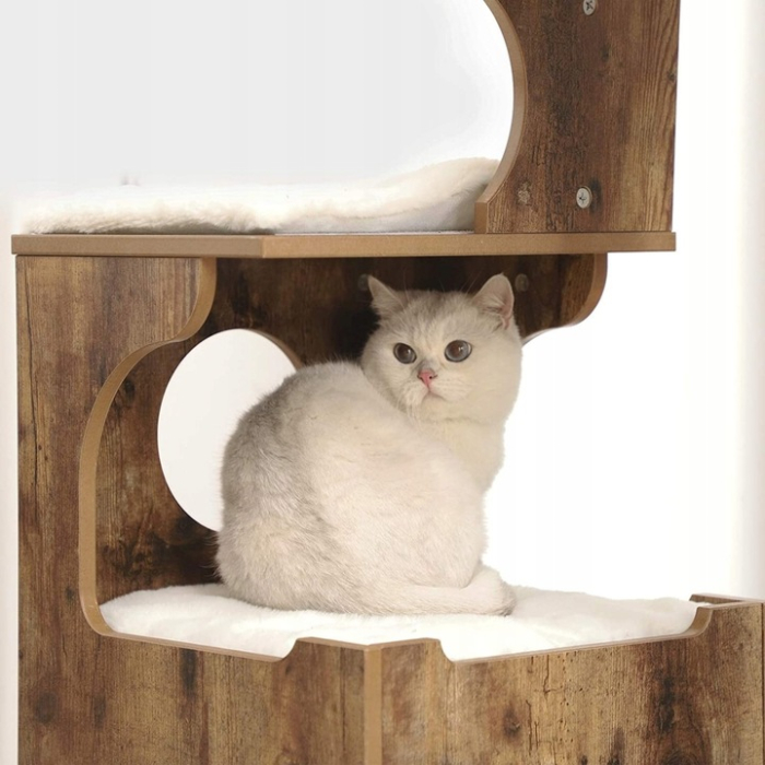 Ansamblu de joaca pentru pisici, tip mobilier, MDF, cu 3 culcusuri si ascunzatoare, 66x40x86cm, maro rustic [14]