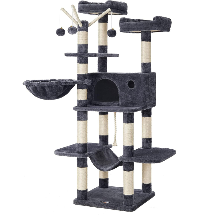 FEANDREA Ansamblu de joaca pisici, tip copac, 3 culcusuri, ascunzatoare, hamac, 50x50x164 cm, gri [1]