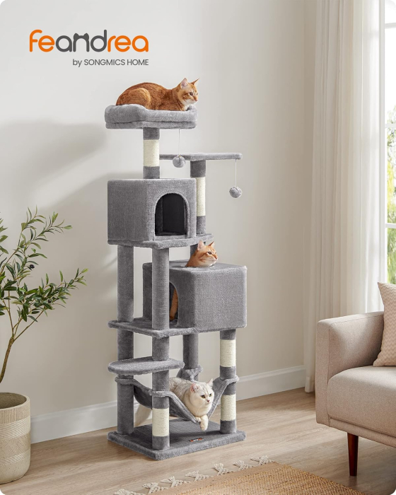 Ansamblu de joaca pisici, tip copac, culcus, ascunzatoare, hamac, 49x40x155 cm, gri [2]