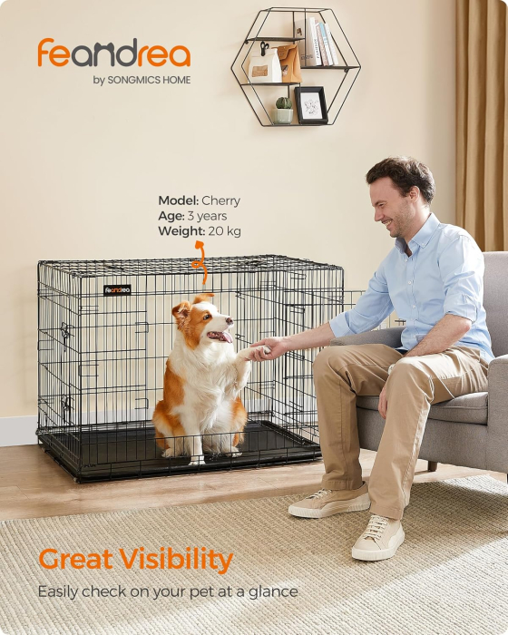 FEANDREA Cusca pentru animale, 2 usi, pliabila din metal, perete separator si tava detasabile, XL, 107x70x78cm, negru [2]