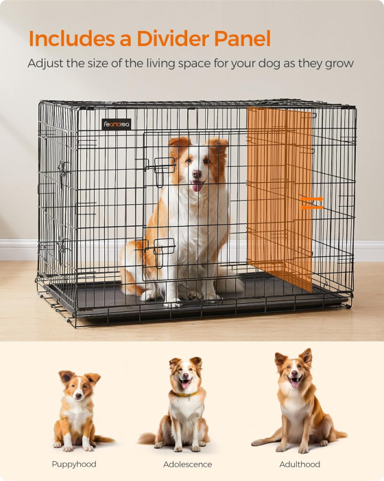 FEANDREA Cusca pentru animale, 2 usi, pliabila din metal, perete separator si tava detasabile, XL, 107x70x78cm, negru [3]