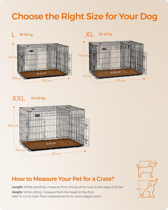 FEANDREA Cusca pentru animale, 2 usi, pliabila din metal, perete separator si tava detasabile, XL, 107x70x78cm, negru [7]