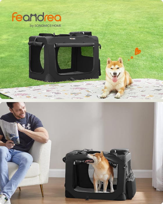 Geanta de transport pliabila pentru animale de companie, saltea inclusa, cadru metalic pentru stabilitate, buzunare laterale, 70x52x52 cm, ne [5]