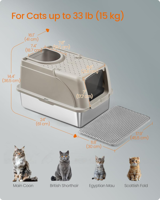 Litiera inchisa pentru pisici XL, inox, capac rabatabil 180Â°, intrare dubla, lopatica si perie incluse, 61x41x37 cm, bej [4]
