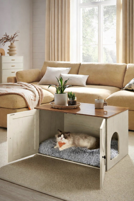 Litiera mascata tip mobilier cu usi model hambar, compartiment cu separator, 80x53x50 cm, alb [6]