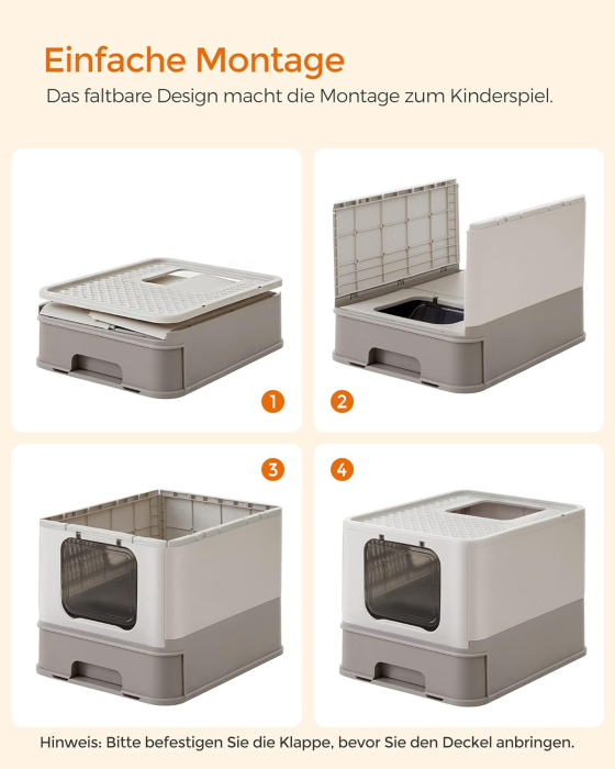 Litiera pisici cu capac tava extensibila maxim 15 kg, 54x43x38 cm, design igienic, gri [6]