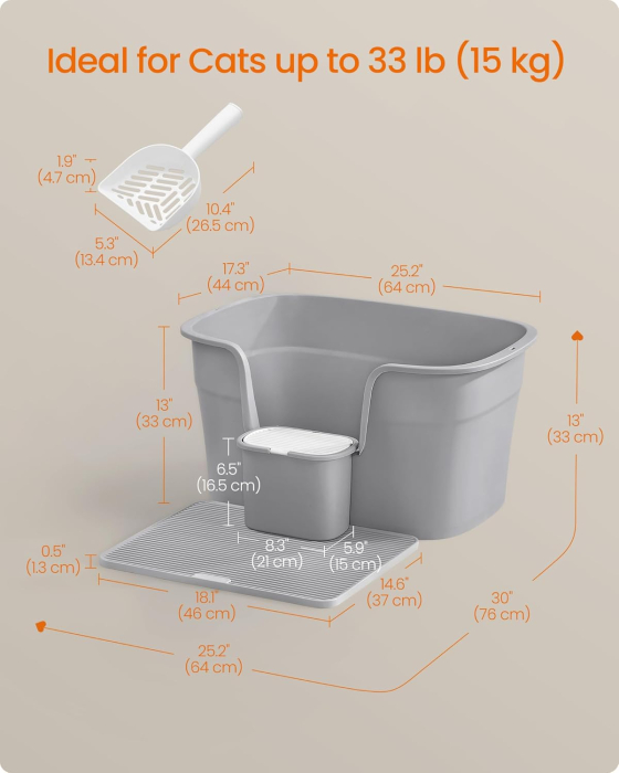 Litiera pisici xl pereti inalti colector nisip depozitare, 64x44x33 cm, design deschis, gri [2]