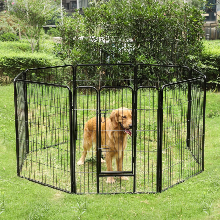 Tarc metalic pentru animale, 8 panouri modulare, utilizare interior sau exterior, 160x160x100 cm, negru [5]