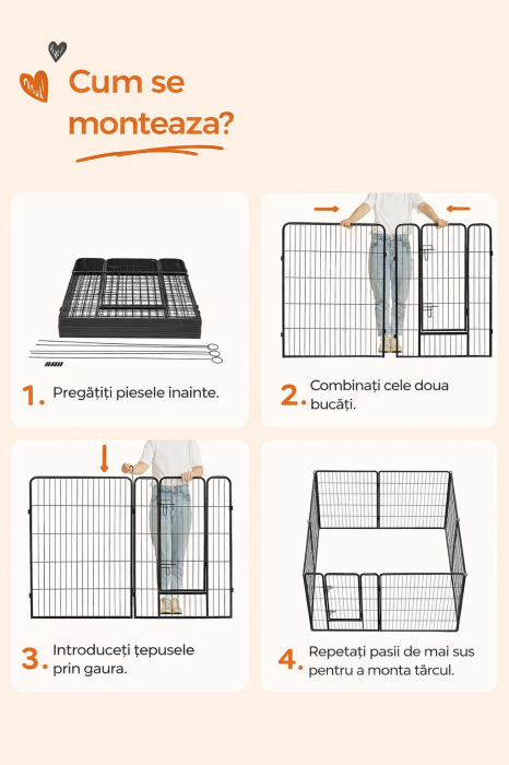 Tarc metalic pentru animale, 8 panouri modulare, utilizare interior sau exterior, 160x160x100 cm, negru [7]