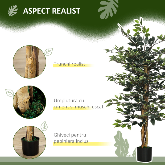  Ficus artificial in ghiveci cu 702 frunze multicolore, Plante artificiale pentru interior si exterior, pentru decorarea casei, biroului, camerei de zi, 130 cm [4]