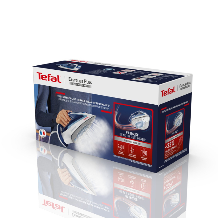 Fier de calcat cu abur Tefal EASYGLISS PLUS FV5715E0, 2400 W, jet de abur 190 g/minut, abur variabil 45 g/min, Tehnologia Durilium AirGlide, alb  /bl [8]