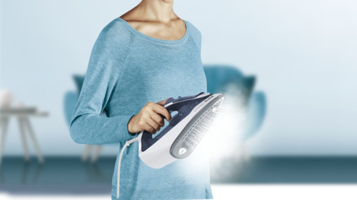 Fier de calcat Tefal Express Steam FV2837E0, 2400W, jet de abur 165 g/min, abur variabil 0-35 g/min, 270 ml, talpa Cerilium, alb/ albastru deschis [5]