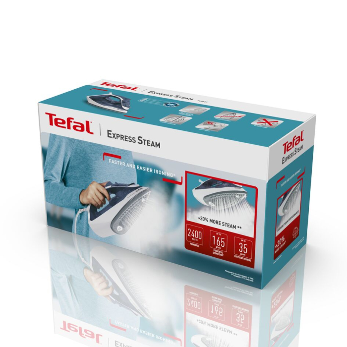 Fier de calcat Tefal Express Steam FV2837E0, 2400W, jet de abur 165 g/min, abur variabil 0-35 g/min, 270 ml, talpa Cerilium, alb/ albastru deschis [6]