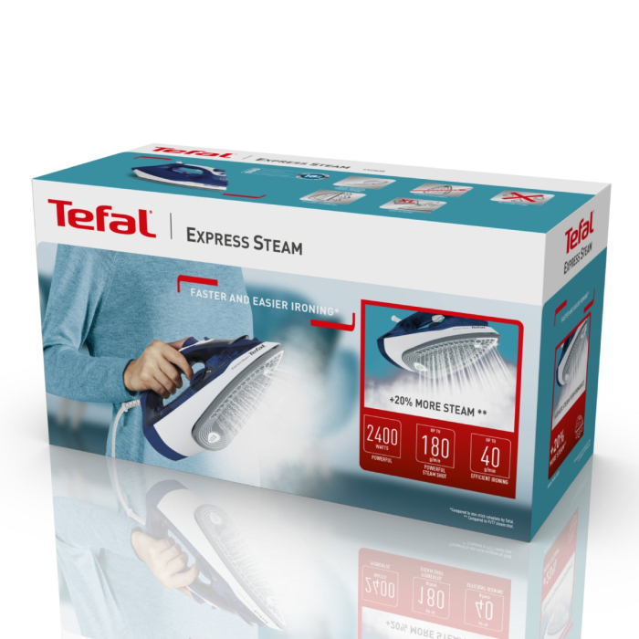 Fier de calcat Tefal Express Steam FV2838E0, 2400W, jet de abur 180 g/min, abur variabil 40 g/min, 270 ml, functie anti-calcar, alb/albastru [11]