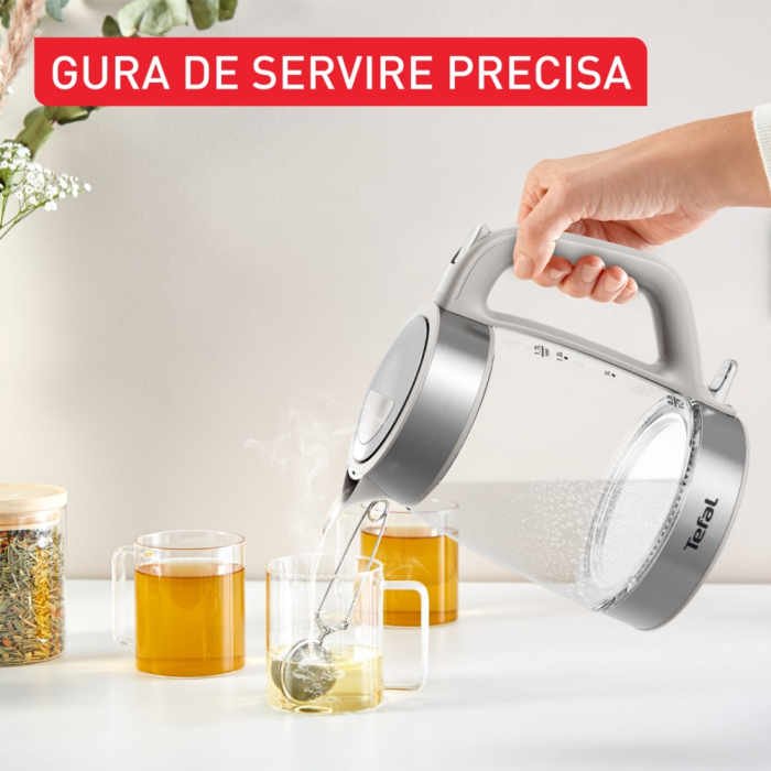 Fierbator apa Tefal KI605B30, 2200W, 1.7L, vas din sticla cu gradatii, iluminare ambientala, filtru detasabil, functie oprire automata, gri [8]
