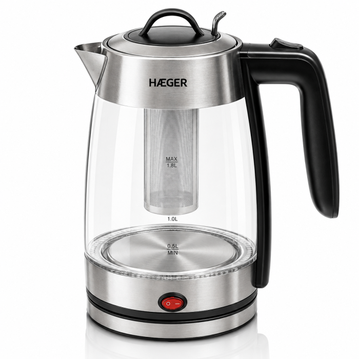 Fierbator electric HAEGER PERFECT TEA, Capacitate 1,8 L, Putere 2200 W, Vas din sticla, Baza rotativa 360 grade, Oprire automata, Fara fir, Argintiu [7]