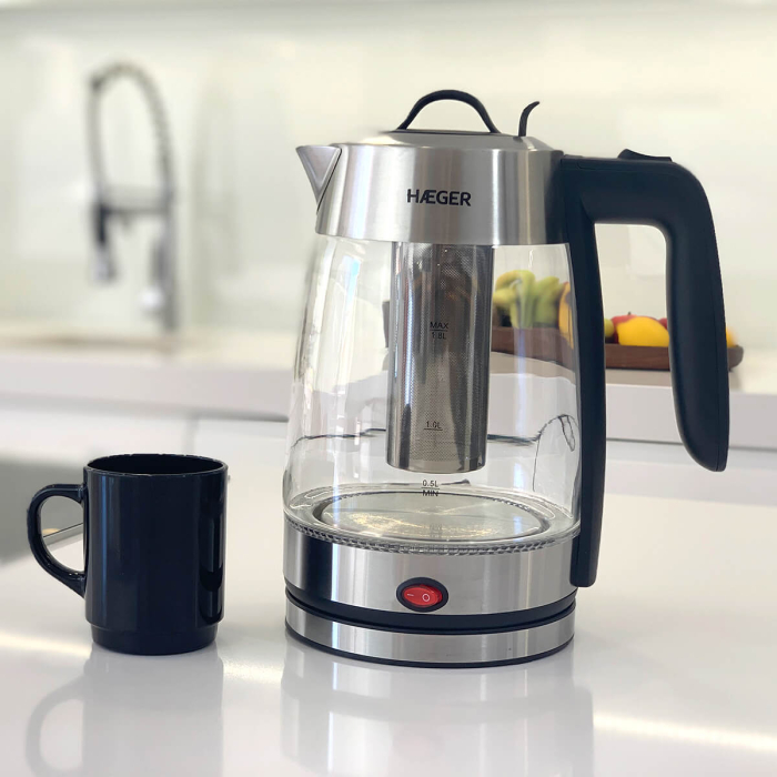Fierbator electric HAEGER PERFECT TEA, Capacitate 1,8 L, Putere 2200 W, Vas din sticla, Baza rotativa 360 grade, Oprire automata, Fara fir, Argintiu [3]