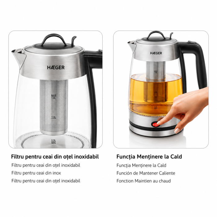 Fierbator electric HAEGER PERFECT TEA, Capacitate 1,8 L, Putere 2200 W, Vas din sticla, Baza rotativa 360 grade, Oprire automata, Fara fir, Argintiu [2]