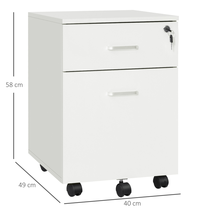 Fiset Birou cu 2 Sertare cu 5 Roti, Dulapior de Birou din PAL cu Incuietoare, 40x49x58 cm, culoare Lemn [3]