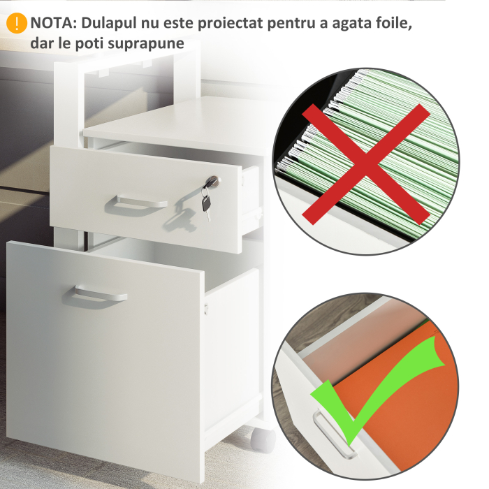  Fiset Birou cu 2 Sertare cu 5 Roti, Dulapior de Birou din PAL cu Incuietoare, 40x49x58 cm, culoare Lemn [4]