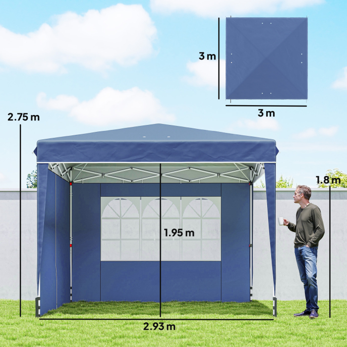  Foisor 3x3 m Pliabil Pop Up cu inaltime Reglabila, Foisor de Gradina cu Pereti Laterali, Saci de Nisip, Geanta de Transport, UV50+, pentru Exterior, Camping, Petreceri, Albastru inchis [3]
