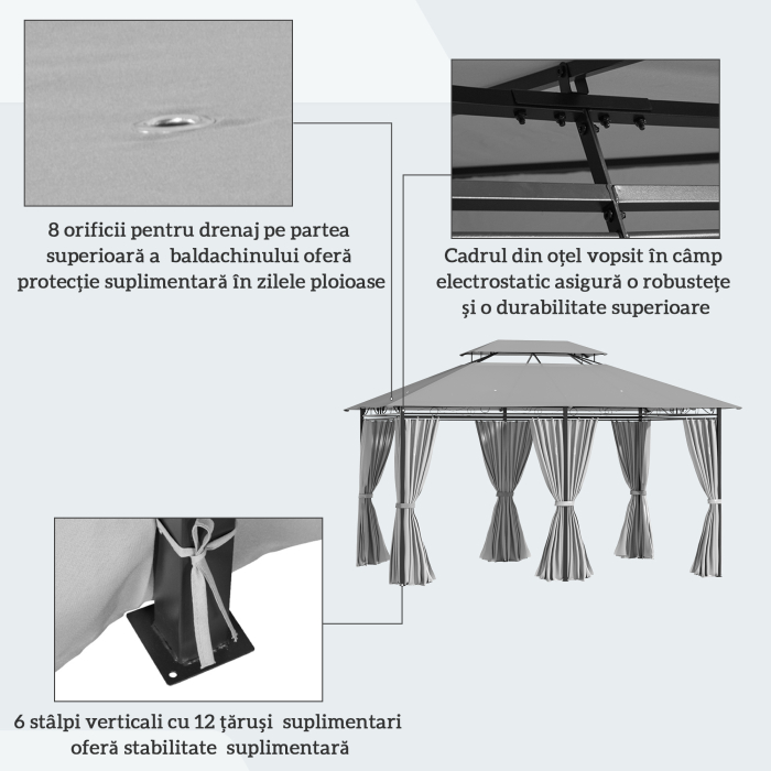  Foisor 4x3 m cu 6 Perdele si Acoperis cu 2 Niveluri, din Otel si Poliester, Gri inchis [6]