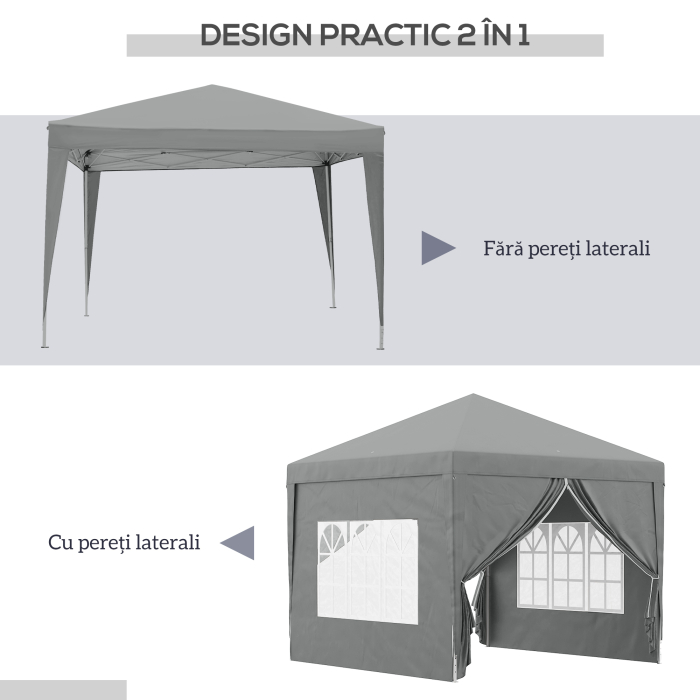  Foisor de Exterior 3x3 m Pliabil cu 4 Panouri Laterale, din Otel si Material Oxford, Gri Deschis [4]