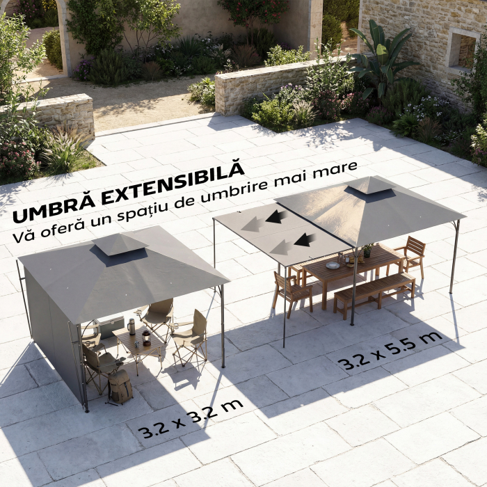  Foisor de Gradina 3.2x3.2 m cu Acoperis Extensibil, Foisor de Exterior cu Acoperis Dublu Ventilat, Gauri de Drenaj, Cadru Metalic, pentru Gradina, Balcon, Petreceri, Terasa, UV30+, Gri inchis [4]
