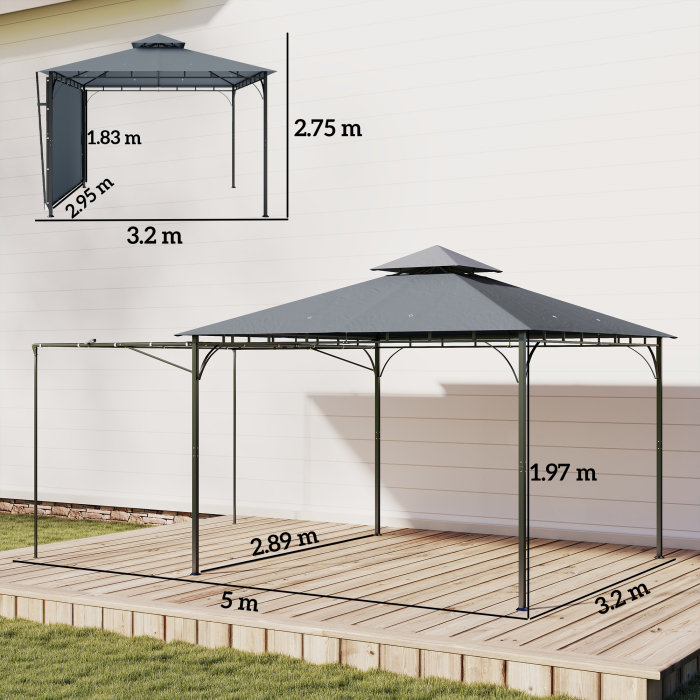  Foisor de Gradina 3.2x3.2 m cu Acoperis Extensibil, Foisor de Exterior cu Acoperis Dublu Ventilat, Gauri de Drenaj, Cadru Metalic, pentru Gradina, Balcon, Petreceri, Terasa, UV30+, Gri inchis [3]