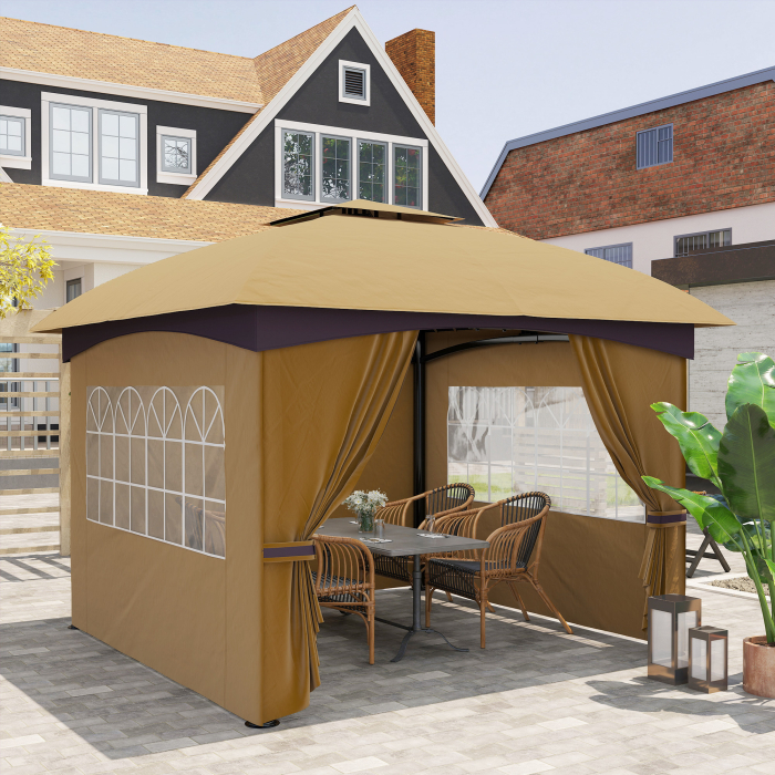  Foisor de Gradina 3.4x3.4m cu Pereti, Protectie UV si Acoperis pe 2 Niveluri, Bej [8]