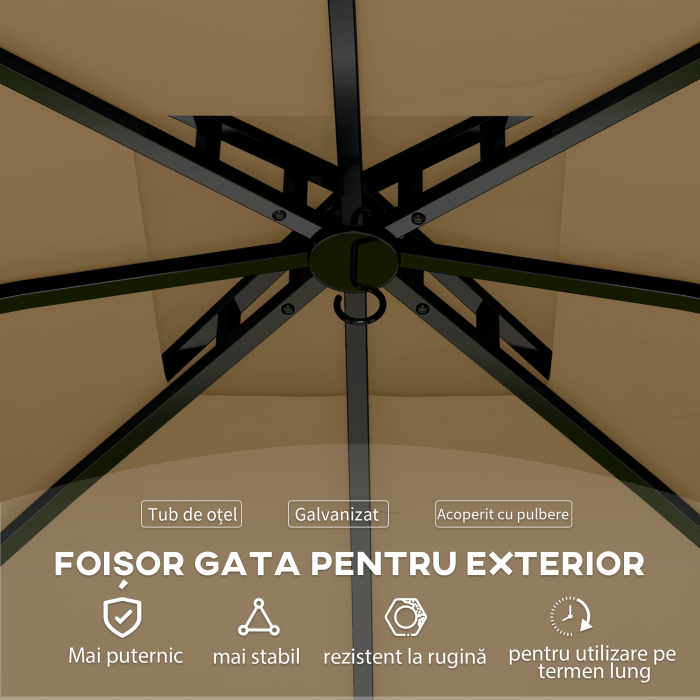  Foisor de Gradina 3.4x3.4m cu Pereti, Protectie UV si Acoperis pe 2 Niveluri, Bej [6]