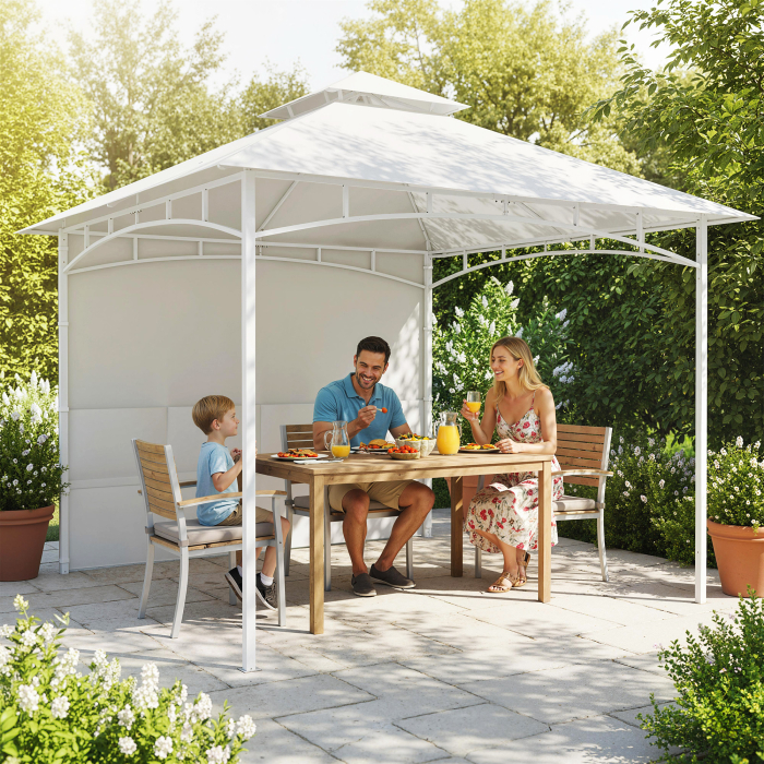  Foisor de Gradina 3x3 m cu Corturi, Buzunare pentru Depozitare si Carlig la Tavan, Foisor din Metal cu Acoperis Dublu, Orificii de Drenaj, UV30+, Crem [2]