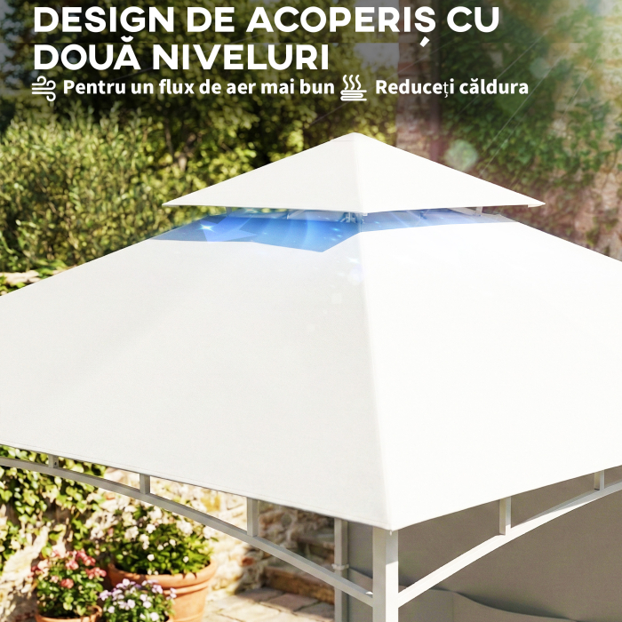  Foisor de Gradina 3x3 m cu Corturi, Buzunare pentru Depozitare si Carlig la Tavan, Foisor din Metal cu Acoperis Dublu, Orificii de Drenaj, UV30+, Crem [4]