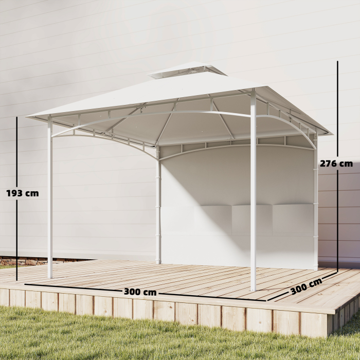  Foisor de Gradina 3x3 m cu Corturi, Buzunare pentru Depozitare si Carlig la Tavan, Foisor din Metal cu Acoperis Dublu, Orificii de Drenaj, UV30+, Crem [3]