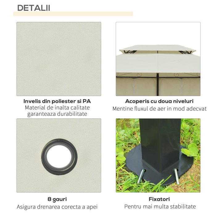  Foisor de Gradina 3x4 m cu Perdele si Acoperis cu 2 Niveluri din Otel si Poliester, Alb Crem [5]