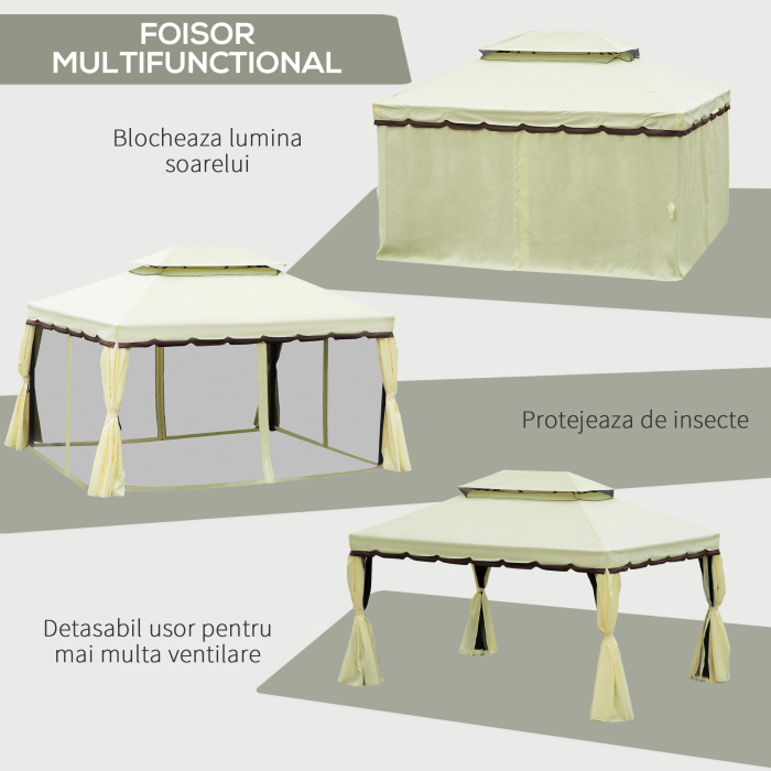  Foisor de Gradina 4x3 m cu Plasa de tantari si Perdele, Acoperis Dublu si Strat Anti-UV, Crem [5]